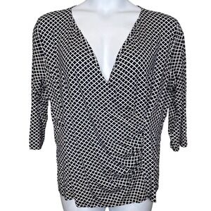 Talbots Woman Navy Blue White Geometric Print Faux Wrap Top Sz 1X Office Drapey